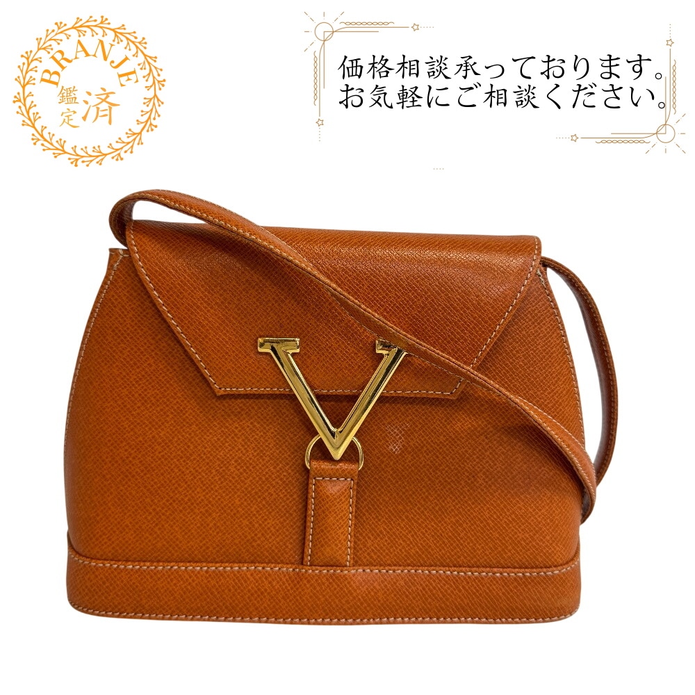 Vロゴ 斜め掛け レザー ショルダーバッグ ブラウン レディース