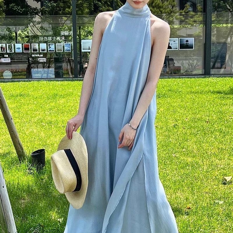 レディース ワンピース フレア ミモレ 袖なし ノースリーブ ホルターネック オフショルダー スタンドカラー Aライン フェミニン リボン バックリボン スリット サイドスリット かわいい 大人可愛い