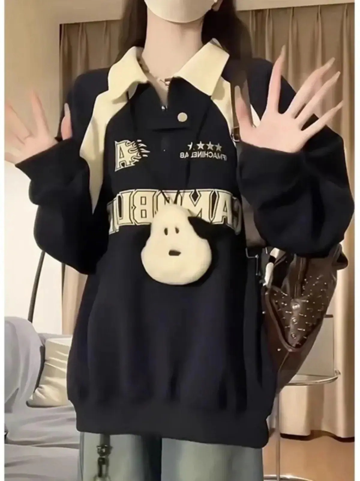 トップス バイカラー2type 厚手裹起毛 長袖 かわいいプリントTロングレディース韓国風カラールーズゆったりカジュアルハーフおしゃれサイズスリーブシルエットファッション系サイドシャツグレー学生メガ割