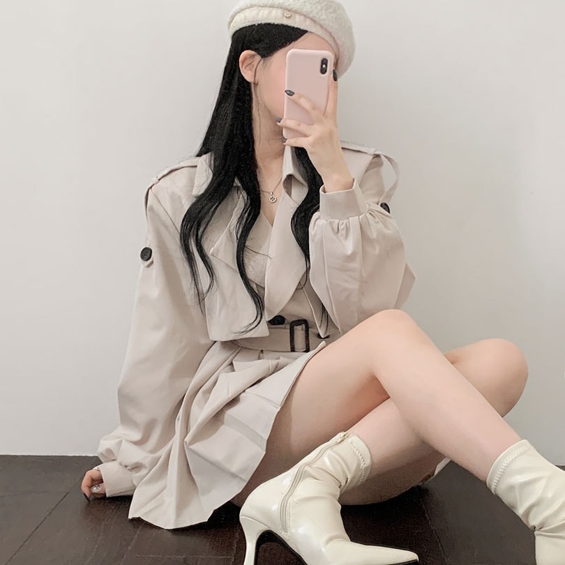 韓国の女性ファッション / [ベルトSET] バッグプリーツトレンチワンピース op1196