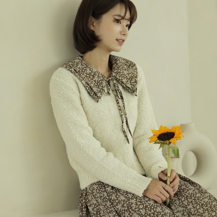 [韓国ファッション] ラウンドネック ブークレニットカーディガン
