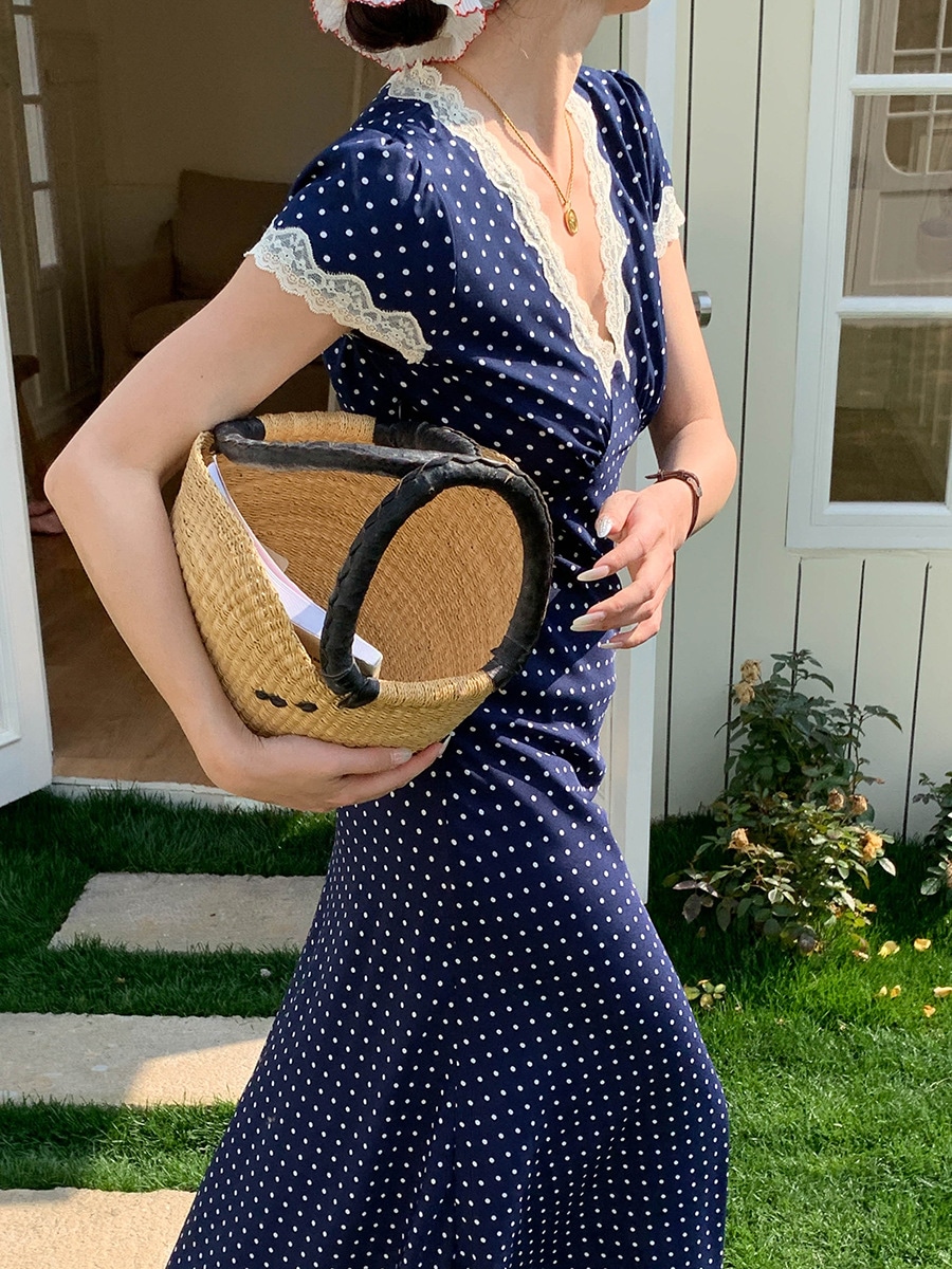 Vネックドット柄ワンピース Vネックレース ワンピース 春 夏 レディース 半袖 Vネック レース切り替え ロング丈 ワンピース きれいめ ドット柄 ワンピース フェミニン 水玉柄 春夏 Aライン ワ