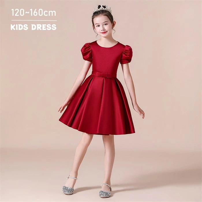 ドレス 発表会 結婚式 女の子 ピアノ発表会 120-160 コンクール フォーマル ワンピース 袖あり 半袖 ショート丈 子供 パフスリーブ ショートドレス キッズドレス パーティドレス ワインレッ