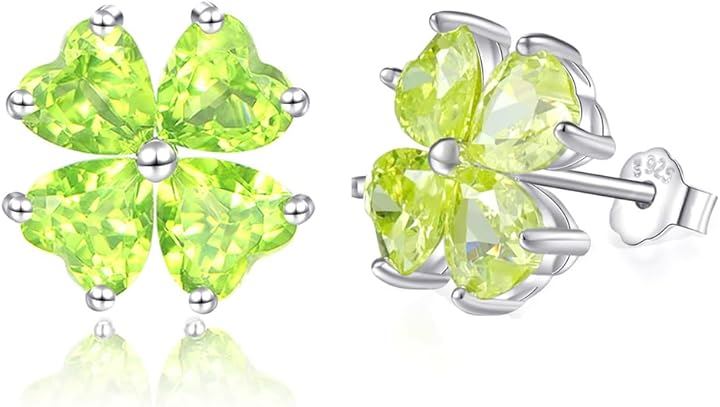 幸運四つ葉のクローバー 女性 6.4ct ペリドット 925純銀製 シルバー ピアス K18コーティング 金属アレルギー対応 (8月 誕生石 ペリドット)