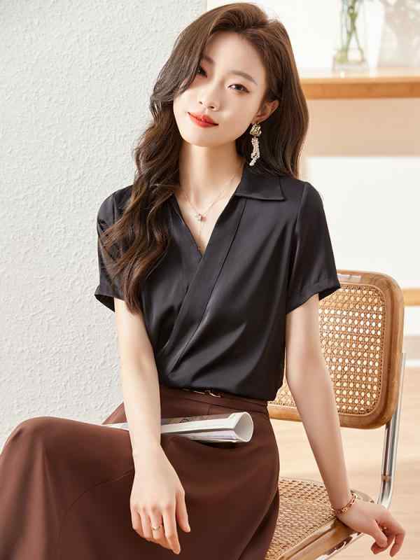 ブラウス 半袖 Vネック シャツ レディース シフォン 夏 薄手 トップス シンプル 快適 通勤 おしゃれ オフィス