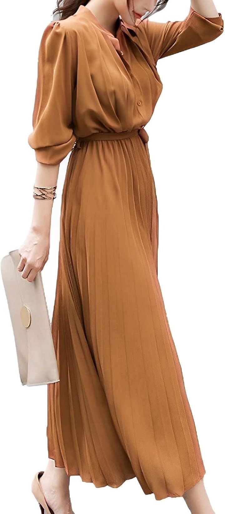 上品 プリーツ ロング ワンピース レディース 長袖 きれいめ ハイウエスト ドレス ロングワンピ フォーマル セミフォーマル リボン ロング丈 大きいサイズ(ブラウン, L)