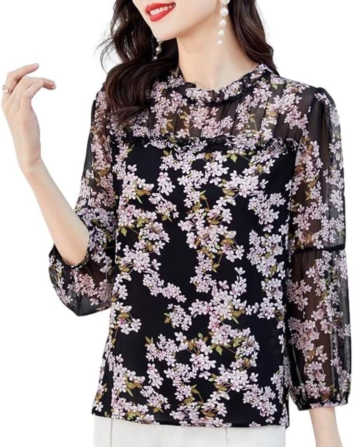 花柄シフォンブラウス フリルネック シアー袖 きれいめ ブラック JS91-BK-S(S)