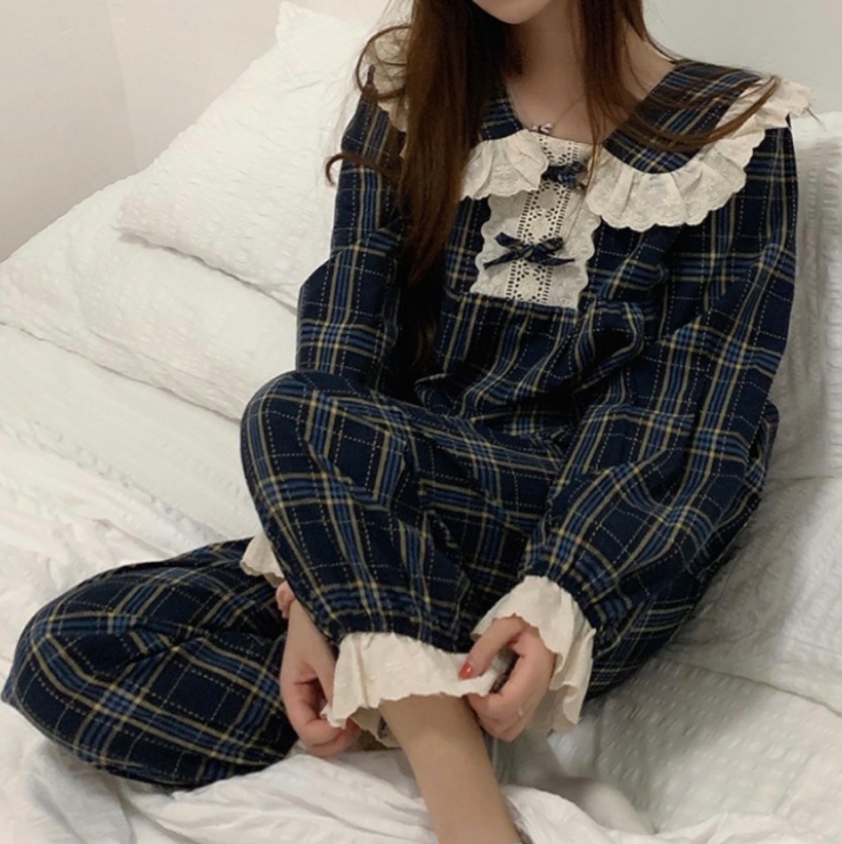 チェック柄レースパジャマ 紺 ネイビー フリル リボン 韓国 オルチャン レディース レース ナイトウェア パジャマ 高見え お洒落 おしゃれ ルームウェア ホームウェア 可愛い 大人可愛い