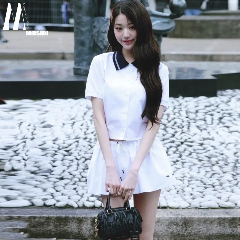 張元英白半袖シャツカレッジポロトップ甘いスカートスーツ制服ショートスカート2点セット