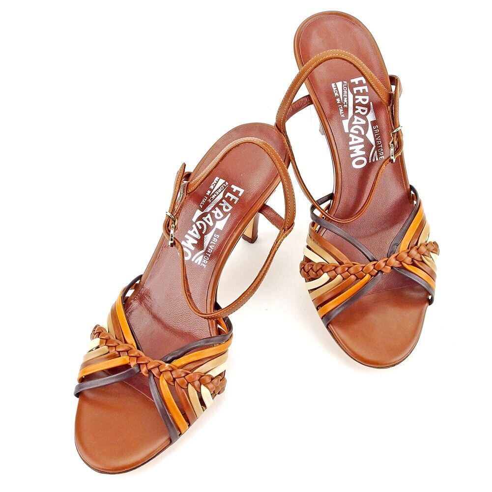 サンダル シューズ 靴 アンクルストラップ 4ハーフC ブラウン系 シルバー 中古