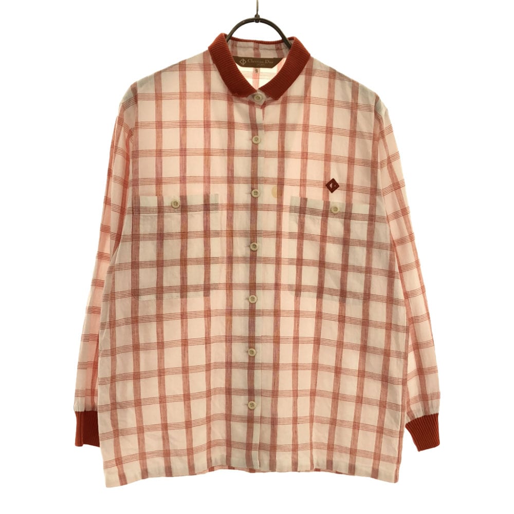 クリスチャンディオール スポーツ 80s チェック柄 長袖 クレリック コットンシャツ S ホワイト×オレンジ系 Christian Dior SPORTS オールド ヴィンテージ レディース