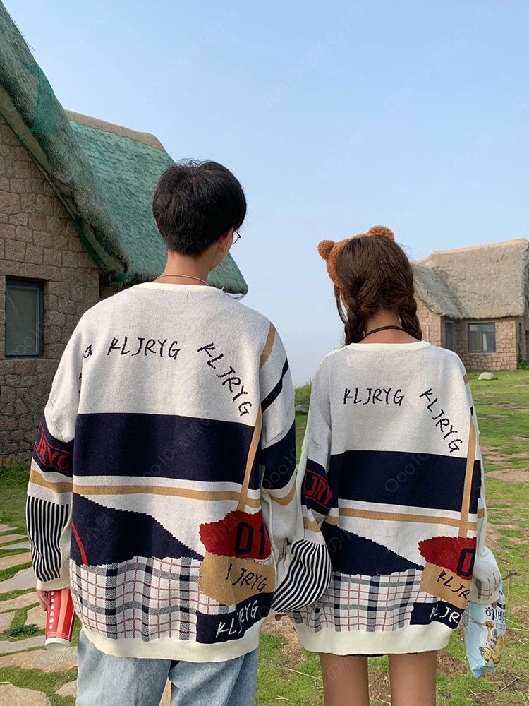 カップル服 レトロ韓版セーター男秋冬モデルins超人気オーバーサイズのけだるい風ニット-17