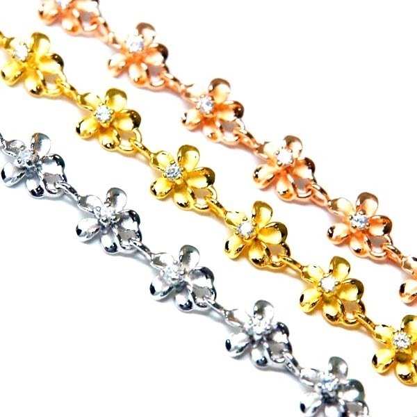 ハワイアンジュエリー ブレスレット プルメリア 花 フラワーレイ クリアジルコニア レディース シルバー925 ピンクゴールド/イエローゴールド/シルバー