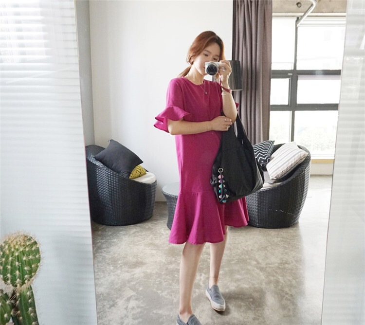 レディース ワンピース 膝丈 半袖 フレアスリーブ ラウンドネック フレア フェミニン かわいい 大人可愛い きれいめ シンプル カジュアル 上品 おしゃれ こなれ感 ラフ ガーリー 主役級 存在感