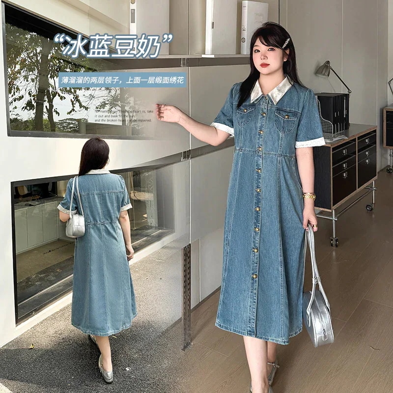 【急速出荷】韓国ファッションドレス女性の薄いデニムスカート着痩せ 襟 開け口 気質 カジュアル 百掛けOL ファッション 追加 しい気質ウエストスカート