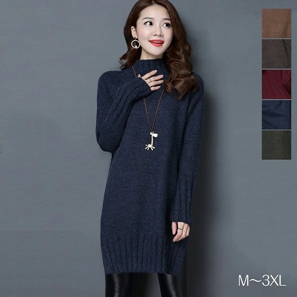 ニットワンピース 秋冬 チュニック 長袖 セーター トップス ニット 秋冬 ニットソー ハイネック ゆったり カジュアル ワンピース オシャレ スリット入り 膝上丈 無地 大きいサイズ 黒 赤bs04