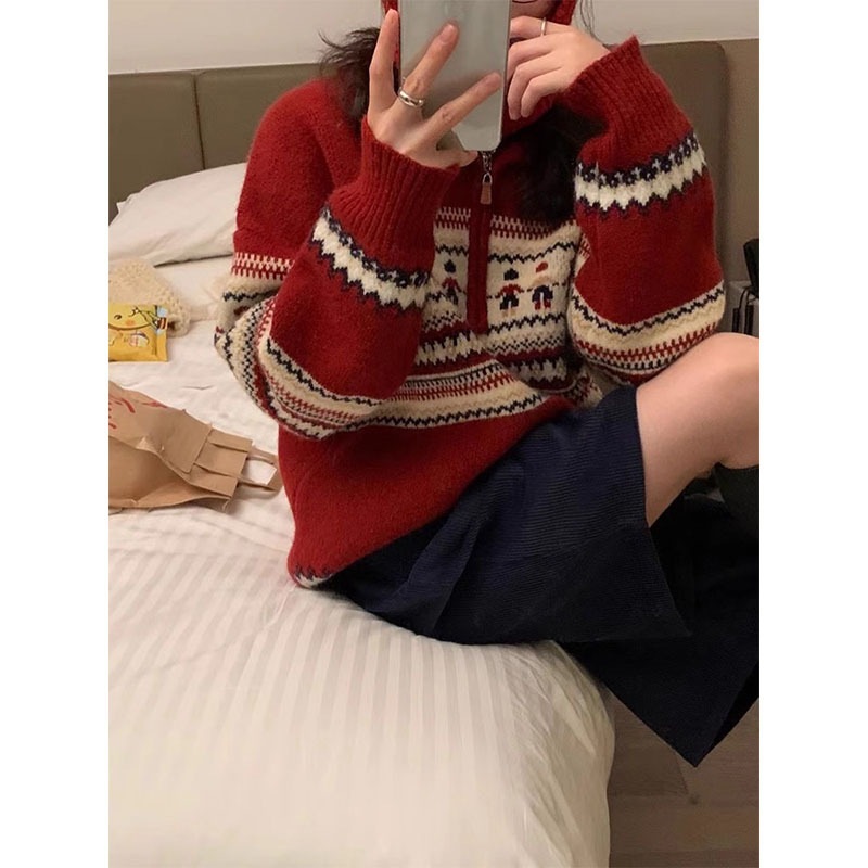 クリスマスセーター女性の秋と冬の新しい長袖ハーフジップポロカラーレッドレトロルーズプルオーバーセータートップ