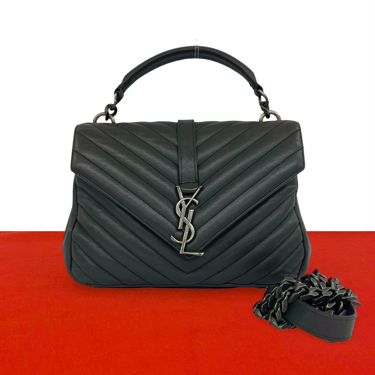 カレッジ YSL ロゴ 金具ショルダーバッグ レザー グレー 68645