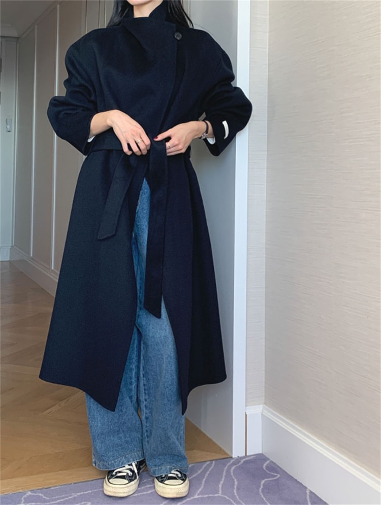 INSスタイル レトロリブカラー オーバーサイズシルエット リボン結び ロングコート