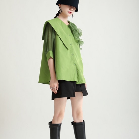 【取寄：納期2週間】ブラウス シャツ レディース フリル ビッグカラーブラウス シャツ ショート丈 ブラウス
