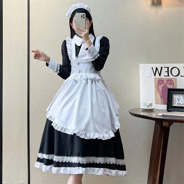 メイド服 ロリータ ワンピース コスチューム 飾り付き エプロン 髪飾り リボン レース 紐 文化祭 学園祭 メイドカフェ Lolita 長袖 ロング コスプレ衣装 アニメ 可愛い ブラック オーバー