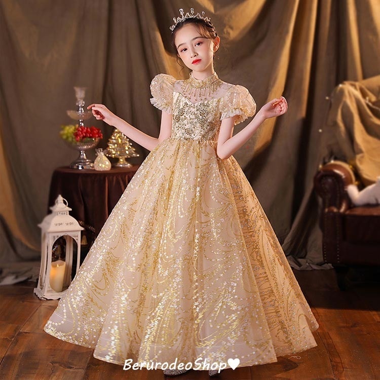 子供ドレス ピアノ発表会ドレス スパンコール キラキラ ロングドレス 女児ドレス 演奏会ドレス 金色 女の子ドレス キッズドレス フォーマル ステージドレス 演出服 100 110 120 130 1