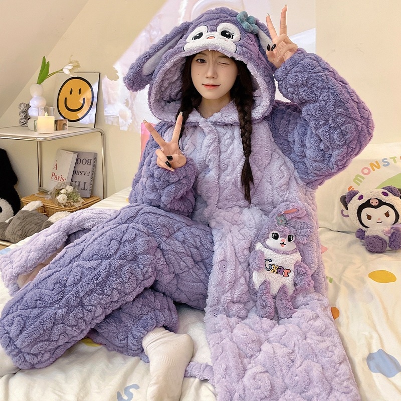 3層の綿入れを挟んだスリーパー女性冬星黛露秋冬厚手加絨2024フランネル部屋着