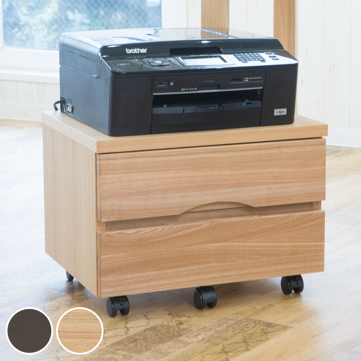 プリンターワゴン 幅50cm タモ デスクワゴン 引き出し2段 キャスター付 プリンター台 プリンターラック 収納 二段 ワゴン プリンター サイドチェスト サイドキャビネット