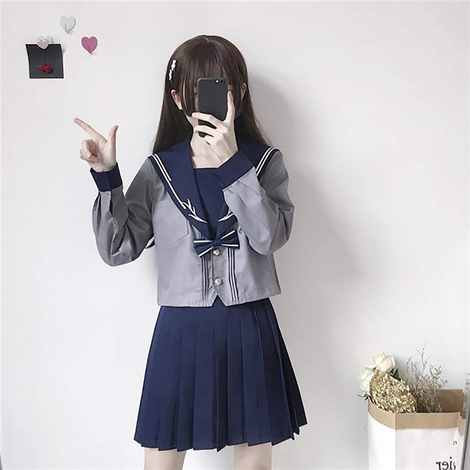 セーラー服 長袖 三点セット 女子高校生 学生服 清純コスプレ グレー+紺 紺色の蝶結び 紺地に白い