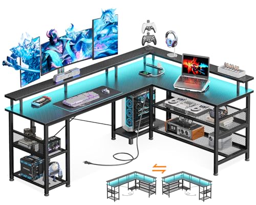 ゲーミングデスク パソコンデスク L字型 コンセント付き LEDライト 幅150cm カーボンBK 17,690円