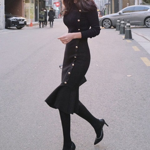 ワンピース 長袖 秋冬 きれいめ 大きいサイズ フォーマル ニット ワンピ タイトスカート ニットスカート 膝下 ミモレ ミモレ丈 ラウンドネック 襟なし スリム タイト 細身 マーメイド 黒 ブラッ