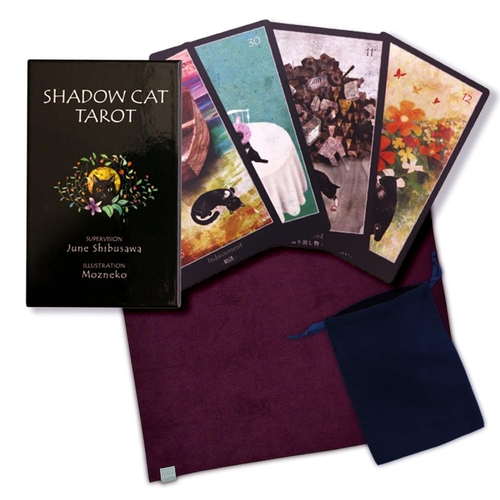 【ジューン澁澤 監修】タロットカード ＆ すべらない タロットクロス ＆ ポーチ セット 占い 日本語解説書付 初心者 黒猫 オラクルカード 選べる カラー 日本製 55cm×55cm Liisha