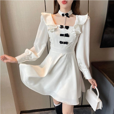 ドレス ワンピ ワンピースドレス ミディアム丈 ミディ ホワイト S M リボン フリルドレス