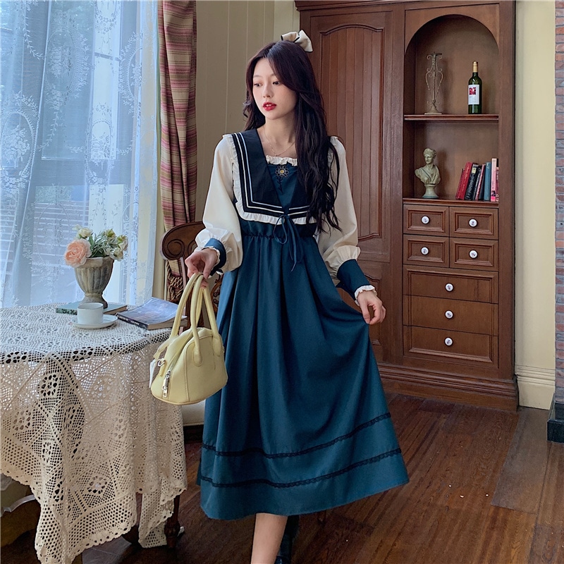 ワンピース レディース ロングスカート ワンピドレス ロング丈 ロング 袖あり 長袖 襟付き 4,932円