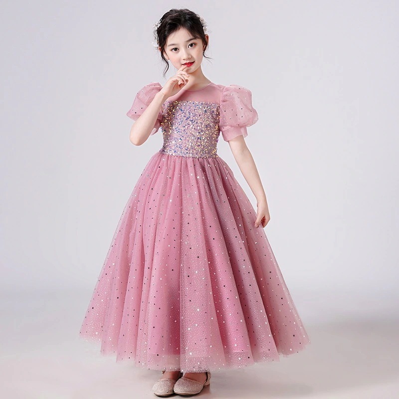 子供のドレス女の子のワンピースお姫様のスカートスパンコールバブル袖ロングスカート網糸スカート結婚式子供 【本日限定】キッズ ウェディングドレス ワンピース