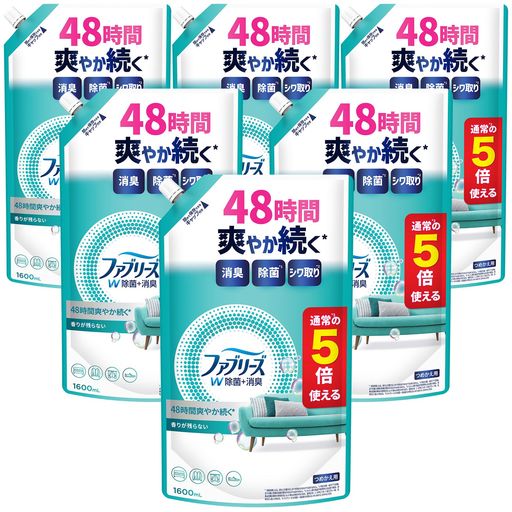 ファブリーズ W除菌+消臭スプレー 衣類・布製品用 香りが残らない 詰め替え 5回分/1600mLx6袋 [ケース品]