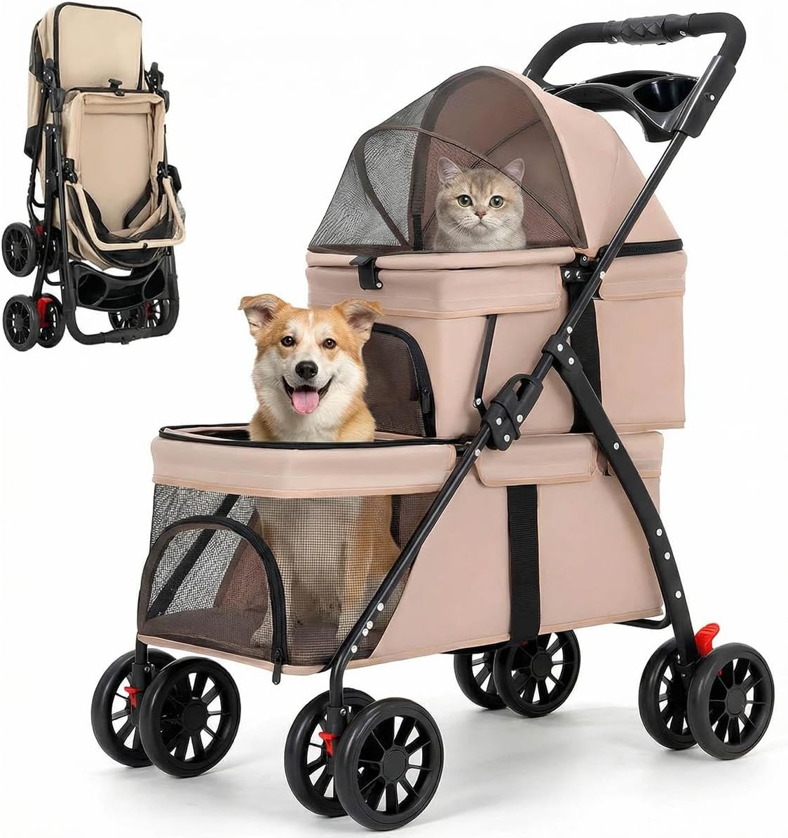 2段式折りたたみペットカート 前輪360度回転 後輪ブレーキ付 耐荷重20kg 収納便利
