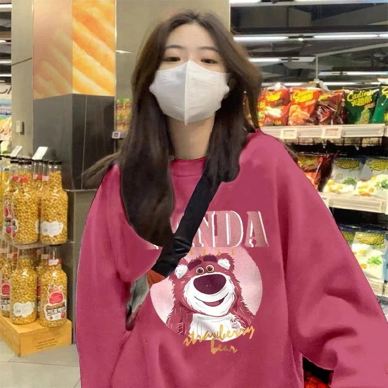 【2個買うと1個無料】ピンク ストロベリー ベア ラウンド ネック セーター レディース デザイン レイジー 長袖 薄手 トップス トレンド服