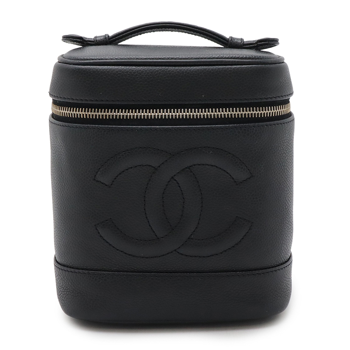 ココマーク バニティバッグ ハンドバッグ 化粧ポーチ コスメポーチ キャビアスキン レザー ブラック 黒 ゴールド金具 A0199