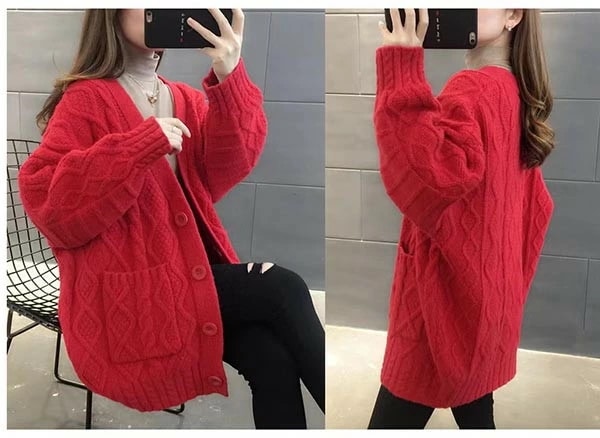 翌営業日発送フリーサイズ レッド ざっくりニット カーディガン セーター ケーブル編み ロングカーデ 毛糸 レディース 前開き トップス 長袖 無地 春ニット 体型カバー 厚手 シンプル dd235c