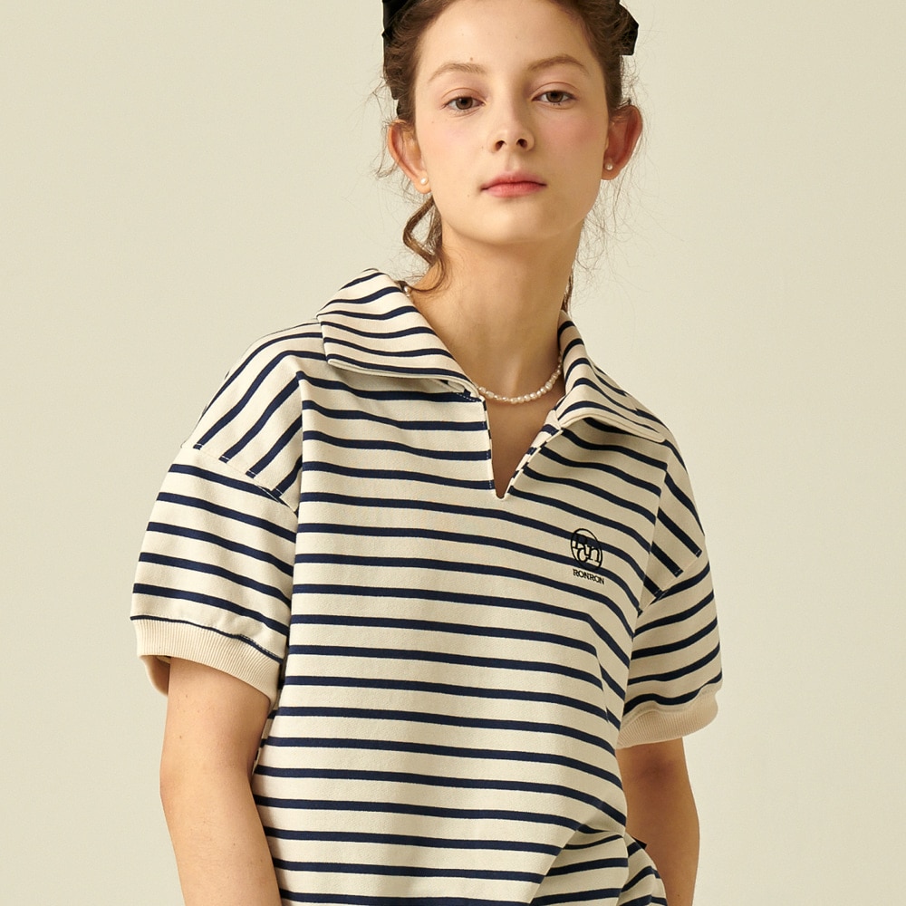 【RONRON】 STRIPE COLLAR HALF T-SHIRT : NAVY