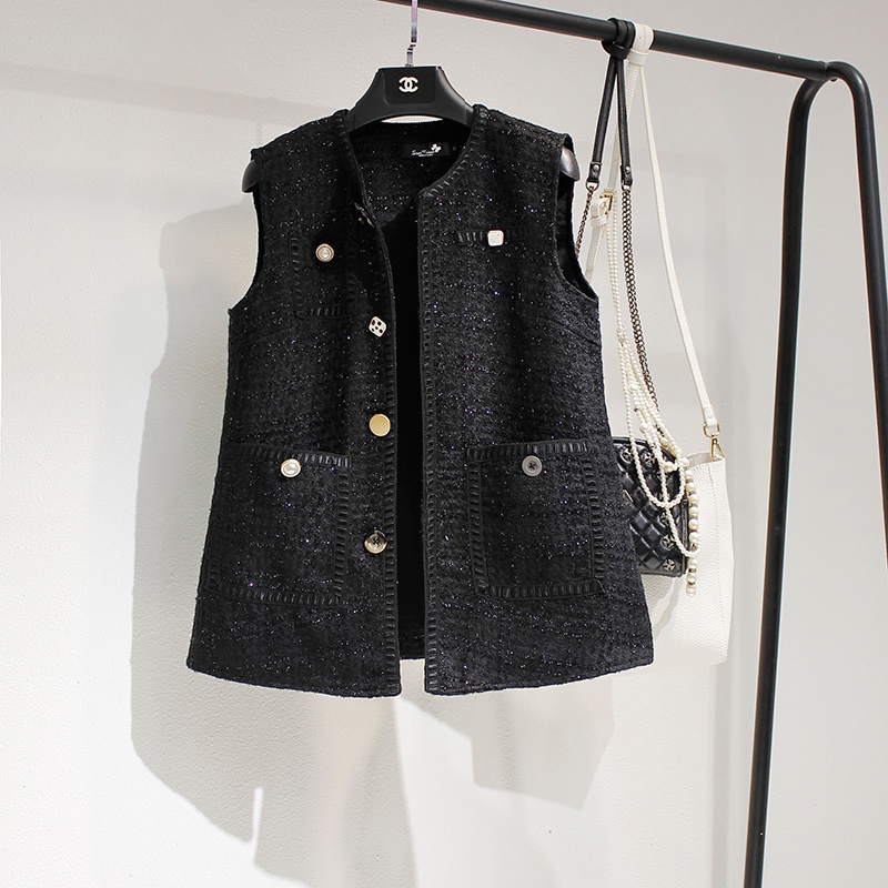 【M-4XL】ツイードジレ ツイード ボタン ジレ ベスト トップス レディース ショート コート レディース 春 秋 冬 オフィスコーデ ママコーデ 体型カバー C183