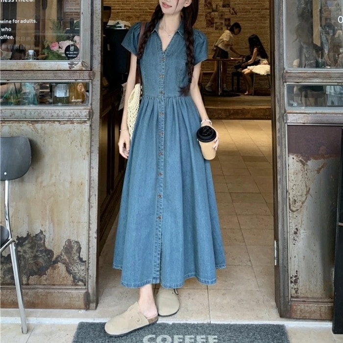 デニム ワンピース ドレス 袖あり 襟付き レディース エレガント きれいめ カジュアル ロング丈 大人 可愛い 半袖 ハイウエスト シンプル Aライン Vネック フェミニン おしゃれ 青 ブルー 春