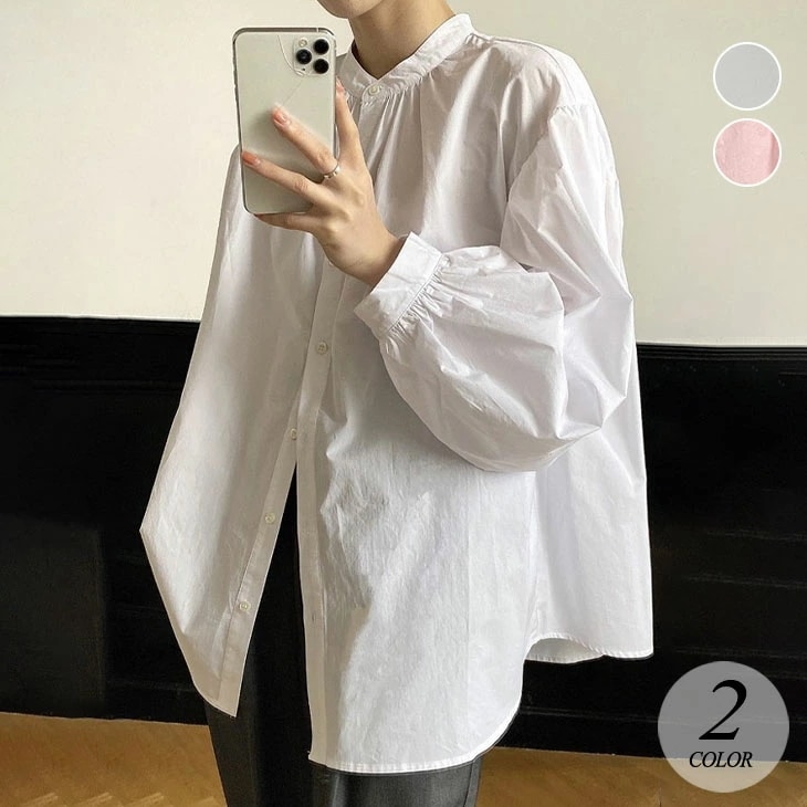 スタンドカラー 長袖 シャツ レディース 春 秋 シャツブラウス トップス ランタンスリーブ きれいめ シンプル 通勤 ビジネス オフィス オフィスカジュアル OL シングルブレスト 韓国ファッション