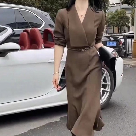 ワンピース スーツドレス ウエストベルト Vネック 半袖 ミドル丈 無地 ベルト ハイウエスト スリム 細身 韓国 レディース かわいい 可愛い キュート 大人可愛い 大人女子 シンプル