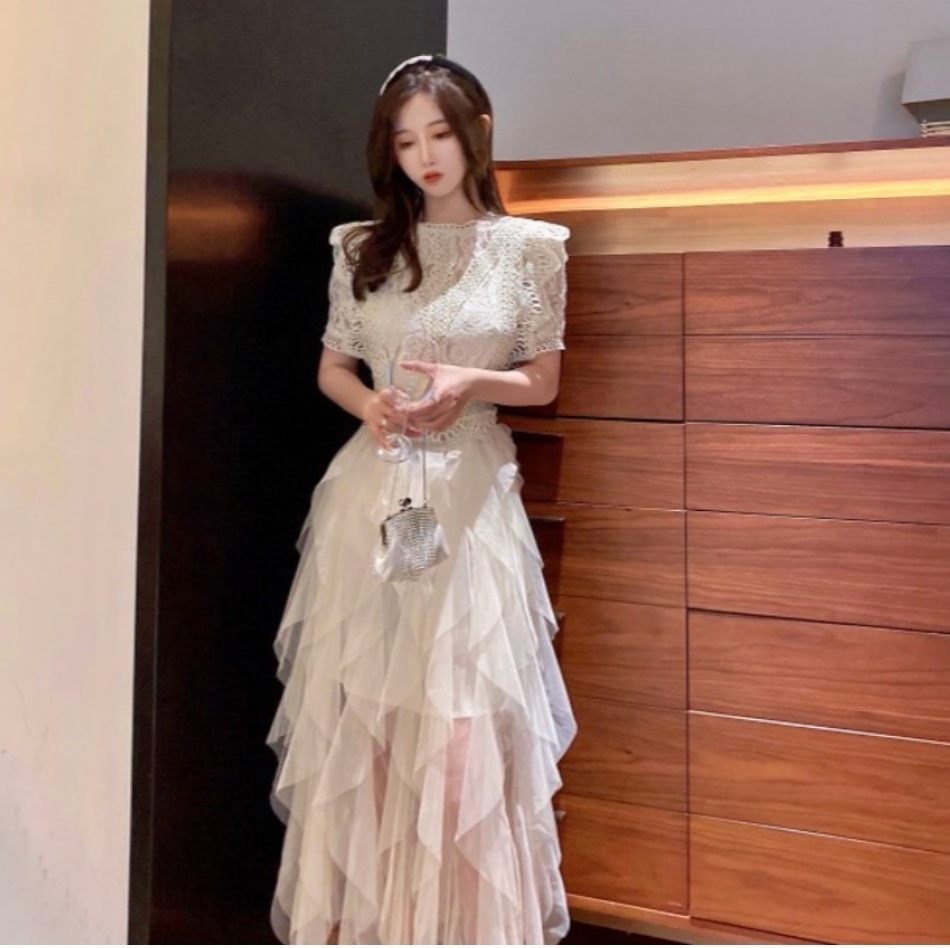 チュールワンピース ドレス チュール ワンピース レース シースルー 韓国 レディース オルチャン アプリコット グレー ワンピドレス ロング丈 半袖 ラウンドネック Aライン フレア