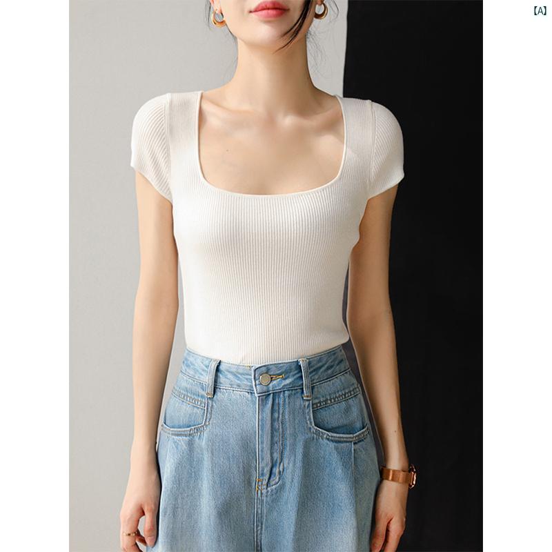 レディース ファッション　レディース　カジュアル　上品　綺麗　外出 スクエアネック ショート テンセルニット シャツ 夏 薄手 スリムフィット プルオーバー Tシャツ 半袖 トップ グリーン