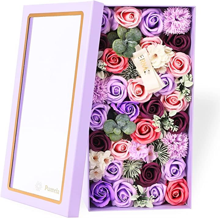 フラワーデザイナー監修 ソープフラワー 大きな BOX プレゼント 女性 ギフト 人気 誕生日 母の日 退職 開店 お祝い 造花 バラ カーネーション( パープル) 5,359円