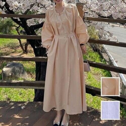 ワンピース カジュアル ロング マキシ丈ワンピ 韓国 ファッション レディース 春 秋 冬 カジュアル コーデ シンプル 定番 セレカジ 20代 30代 40代 2025 ギャザー バンドカラー