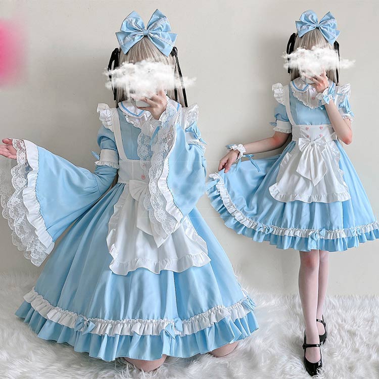 予約受付中メイド服 レディース リボン エンジェル 衣装 ワンピース かわいい 仮装舞踏会 ハロウィン衣装 ホワイト 白 ブルー 青 M XL be282c0c0x1
